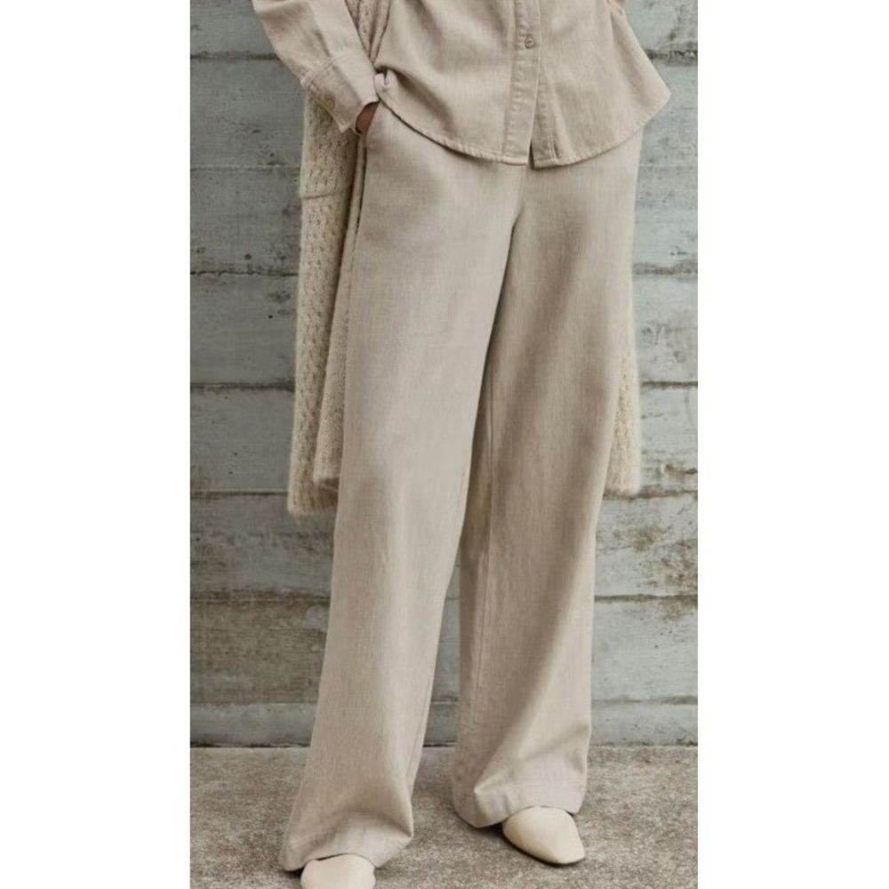 Poetry Wide Leg Linen Blend Trousers Oatmeal Beige High Rise Pants Womens  US 18